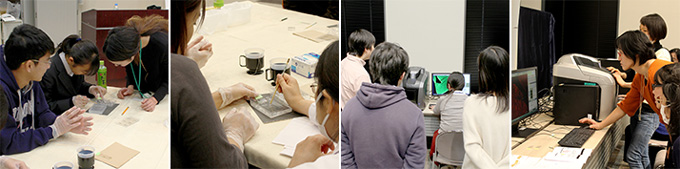 プレパラート作成の様子、蛍光顕微鏡で観察する参加者