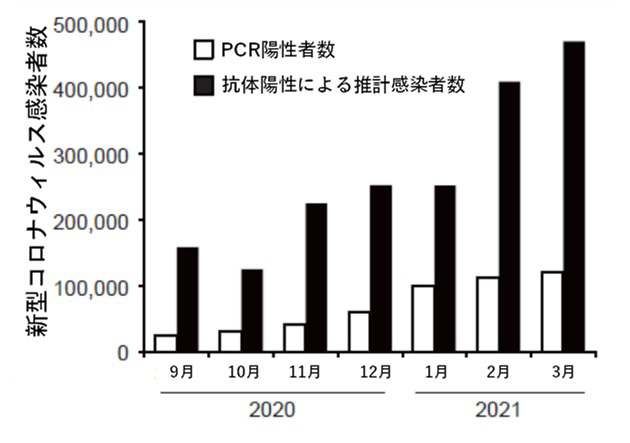 図2:新型コロナウイルスのPCR陽性者数と抗体陽性者数