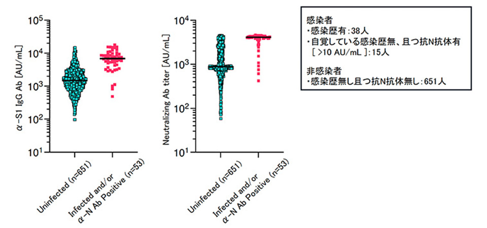 感染歴の有無による抗体価の比較